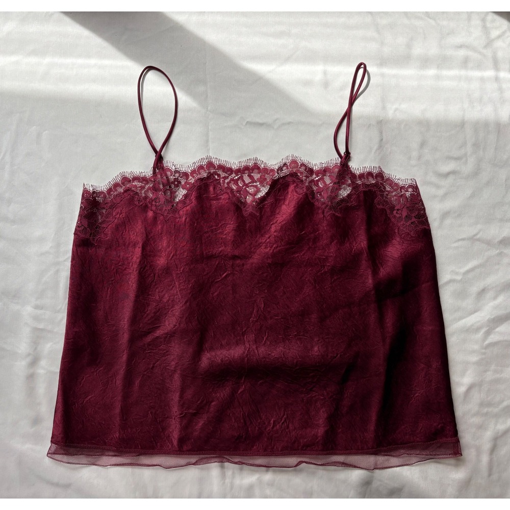 J.Crew Burgundy Lace Trim Cami Top Crinkle Satin Adjustable Straps Small